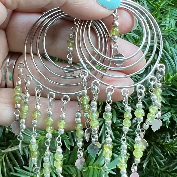 VINTAGE GREEN PERIDOT DROP DANGLE LONG HOOP OVERSIZED EARRINGS 925 STERLING